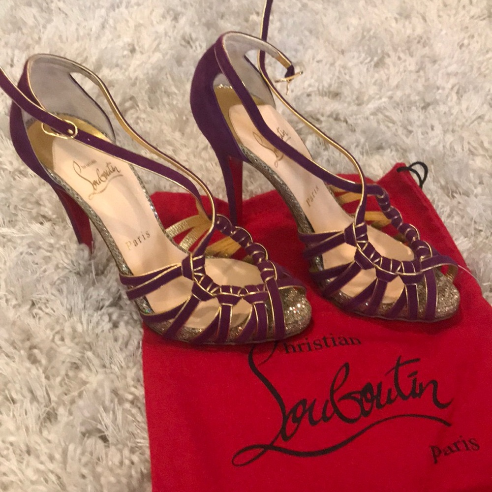 Louboutin purple velvet strappy heels